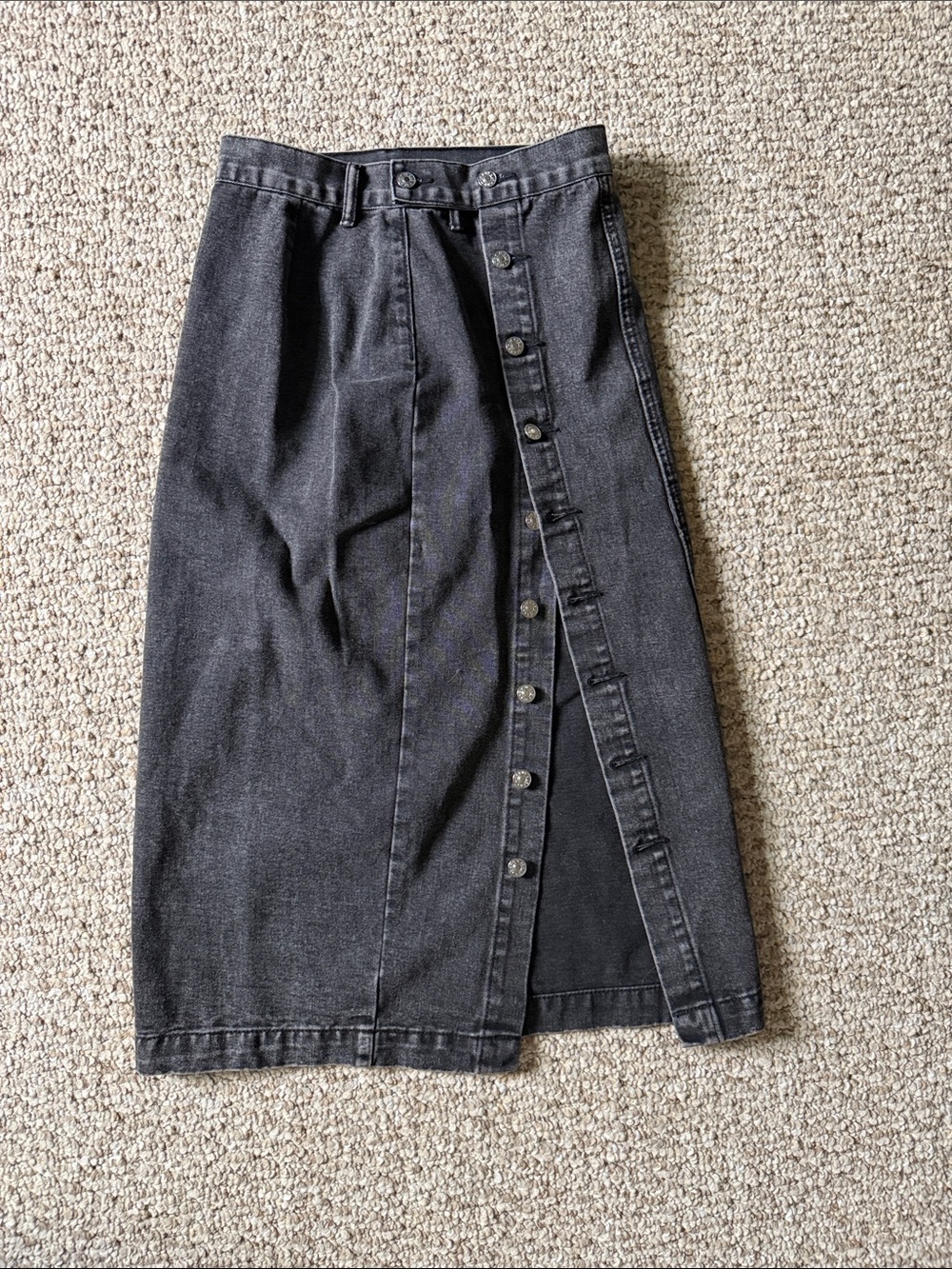 High-Waist Button-Front Black Denim Midi Skirt